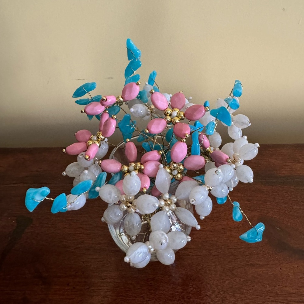 New Handmade Beaded artificial flowers stems in white turquoise and pink